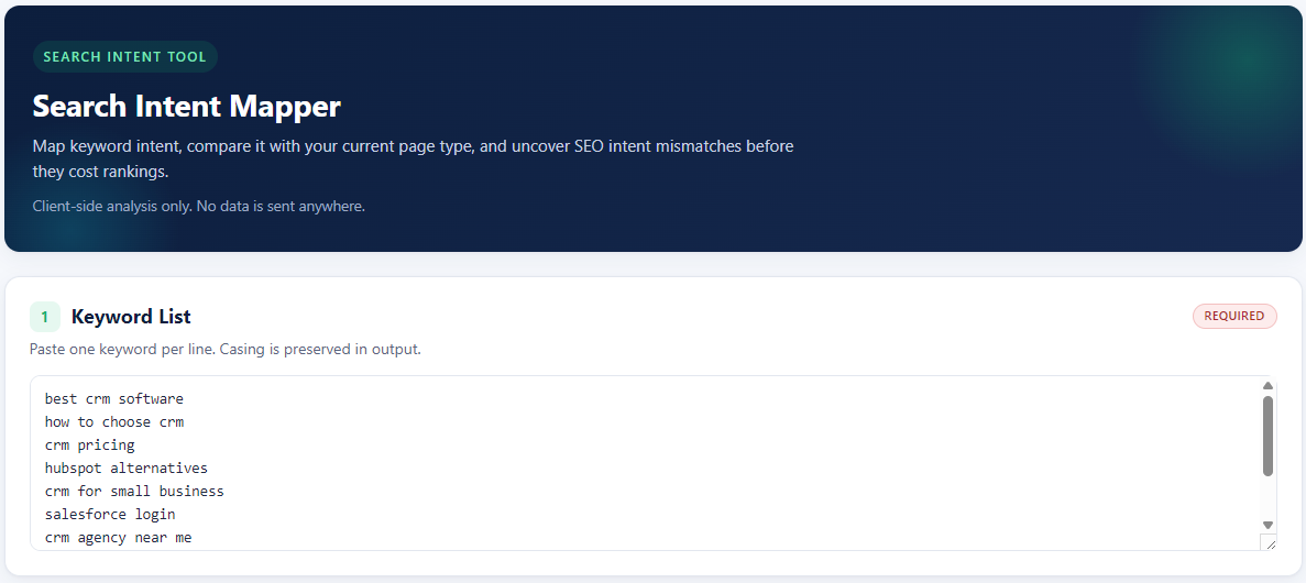 Image highlighting the keyword list input field in the Search Intent Mapper from the blog.