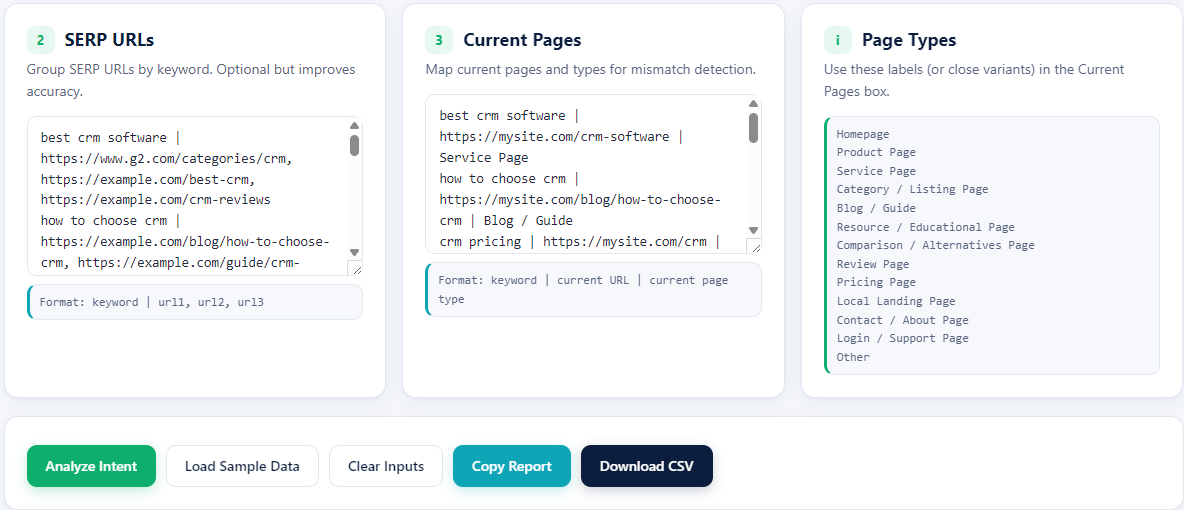 Image highlighting the SERP URLs, Current Pages, Page Types, and Analyze Intent controls in the Search Intent Mapper from the blog.