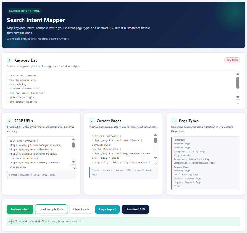 Image highlighting sample data added into the Search Intent Mapper from the blog.