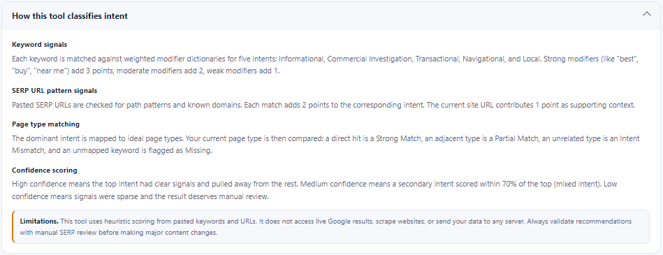 Image highlighting how the Search Intent Mapper classifies intent from the blog.