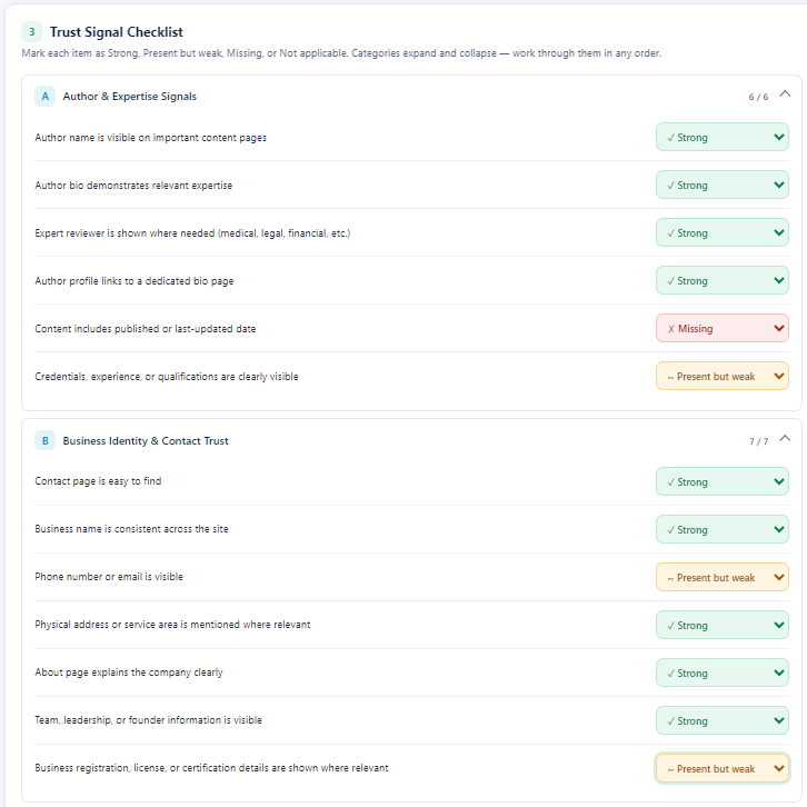 Image highlighting author and business trust checklist items from the blog.