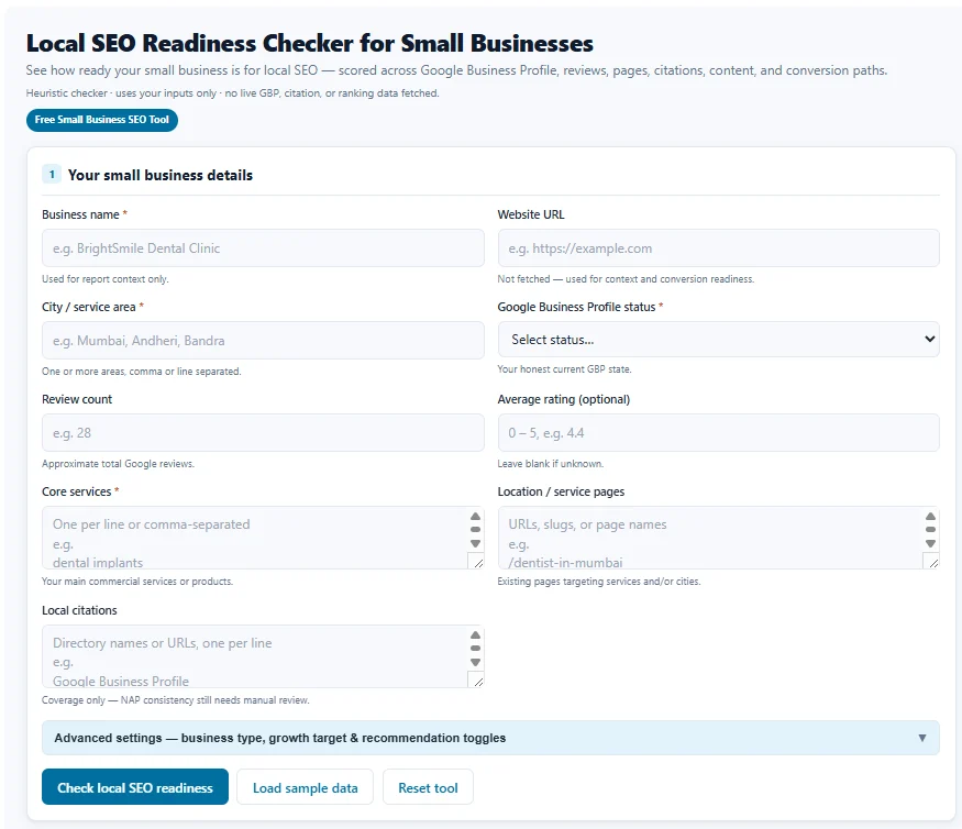 Local SEO Readiness Checker input section with business details fields