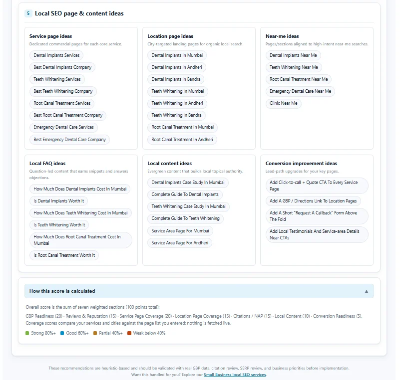 Local SEO page and content ideas generated by the tool