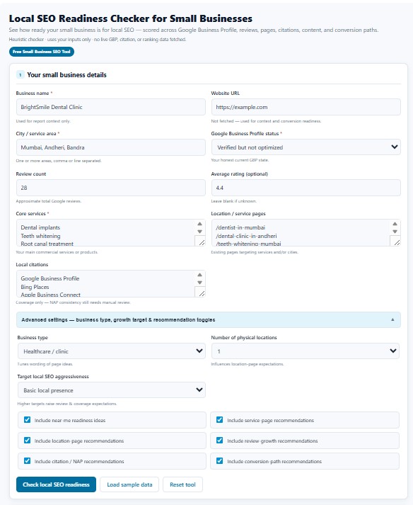 Sample data loaded in the Local SEO Readiness Checker