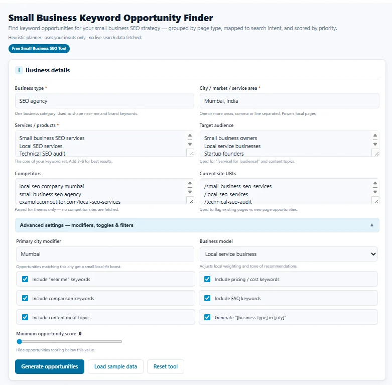 Advanced settings options inside the Small Business Keyword Opportunity Finder