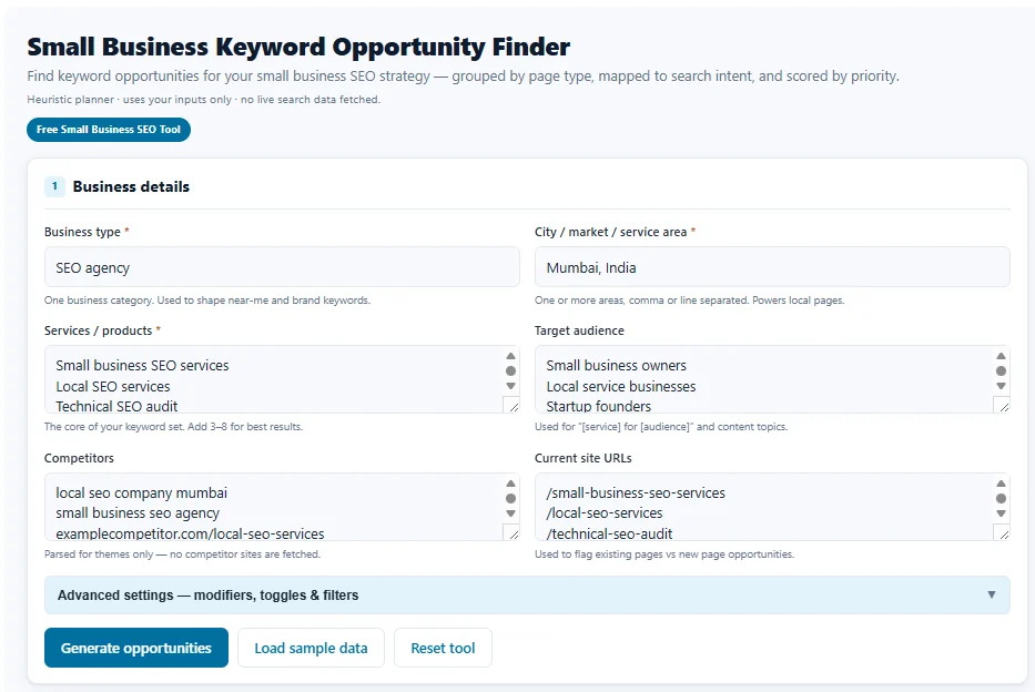 Business details entered into the Small Business Keyword Opportunity Finder