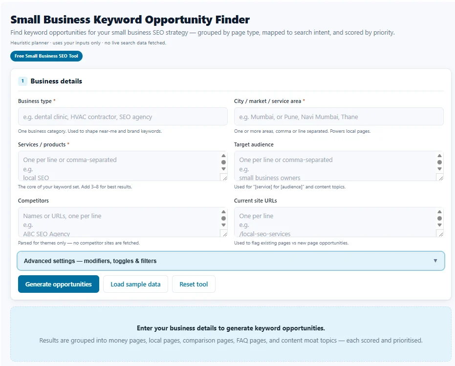 Small Business Keyword Opportunity Finder start screen before adding business details