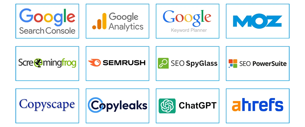 SEO tools trusted by our SEO agency, including Semrush, Ahrefs, Google Analytics, and more.